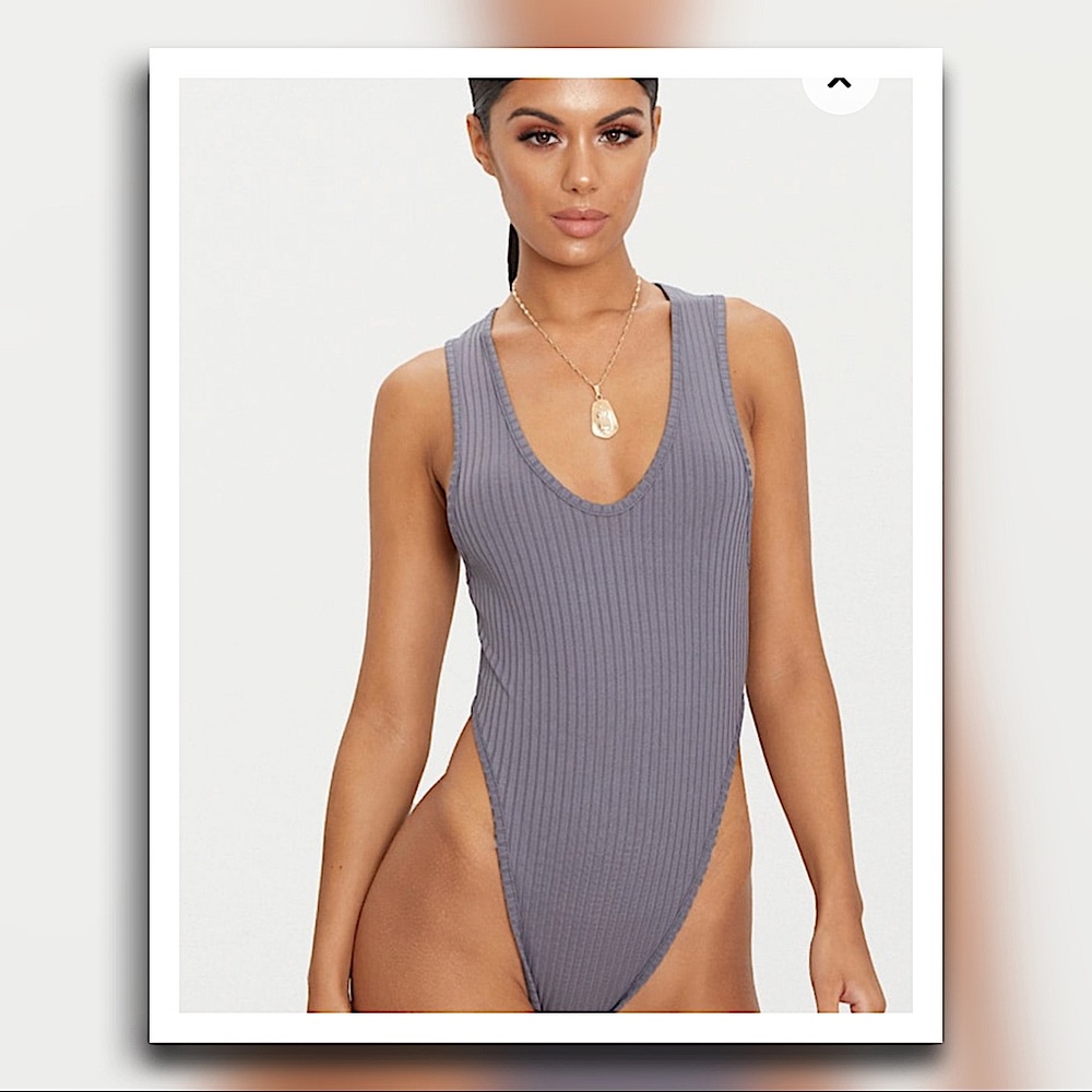 Pretty Little Thing “Charcoal Rib High Leg Thong Bodysuit” - Size 14